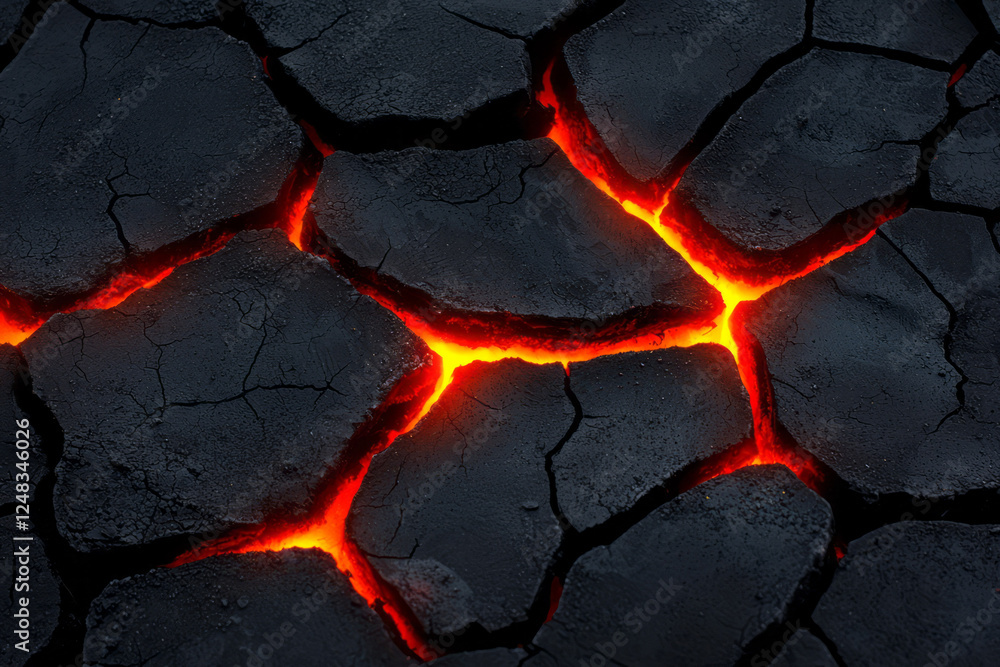 Poster a smoldering macro view of cracked soil radiating molten color in the fractures, featuring subtle