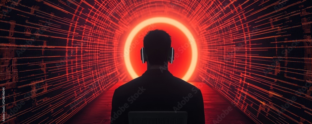 Poster A silhouette sits before a glowing red circular light, surrounded by a matrix of intricate lines, evoking a sense of mystery and digital exploration.