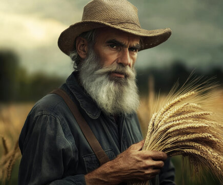 Elderly farmer holding wheat in a golden field under a dramatic cloudy sky at dusk