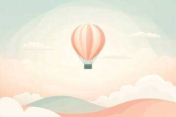 Fototapeta premium Colorful hot air balloon floating above soft pastel hills during a serene dawn with light clouds in the sky