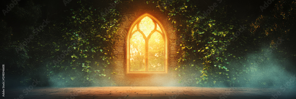 Poster a warm scene of a courtyard with dense ivy draping the walls, complemented by a glowing abstract