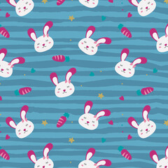 Seamless pattern with bunny rabbit cartoons, cute flower and carrot on stripped background. Rabbit face icon sign vector.