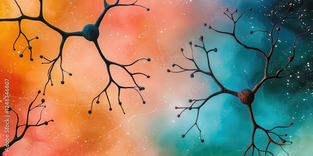 Poster a colorful depiction of neurons against a vibrant background, illustrating the complexity and beauty