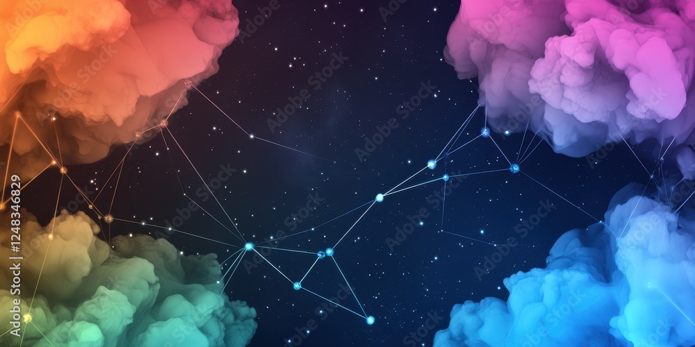 Poster a vibrant cosmic background with colorful cloud formations and interconnected stars, evoking a sense