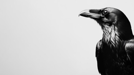 A sleek and elegant Raven standing in profile, showcasing its sharp beak and intricate feather details.