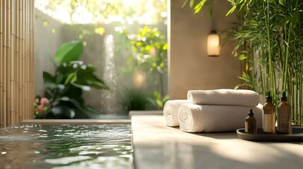 Serene spa bathroom with towels, essential oils, and lush garden view; perfect for relaxation and wellness articles