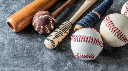 Baseball bats and balls on a gray surface.  Possible use Sport equipment catalog, sports article, background for sports-related content