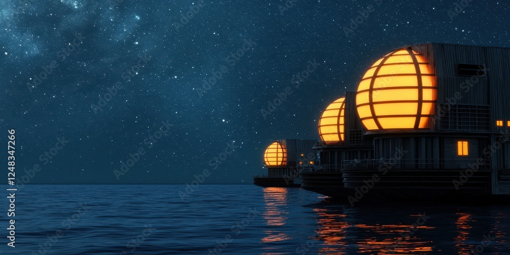 Aufkleber a serene night scene featuring illuminated floating structures on calm waters, under a starry sky.