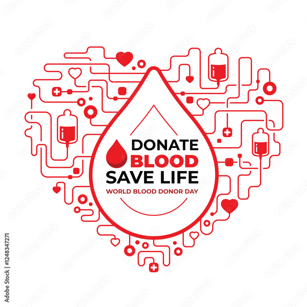 Poster world blood donor day - text in line frame drop sign connect lines link to heart blood bag and cell 
