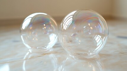 Iridescent Soap Bubbles on Marble Floor