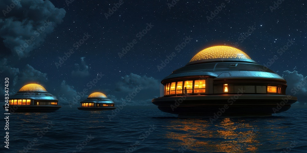 Poster Futuristic floating structures at night, illuminated by warm light, surrounded by clouds and calm waters, creating a serene and enchanting atmosphere.