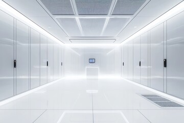 Server room design focuses on minimalism with sleek lines and monochrome tones.