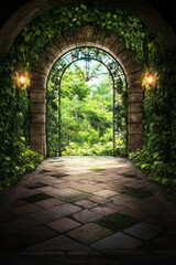 Fototapeta premium A softly lit courtyard with thick ivy carpeting the walls, featuring a radiant abstract window and