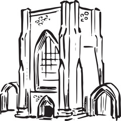 Beauchief Abbey, Sheffield, England black and white ink sketch. Historic medieval monastery with picturesque stone ruins and rich heritage. Tourism, travel, and cultural history projects