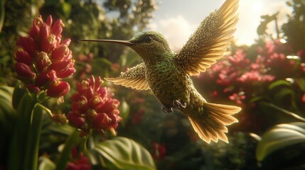 Fototapeta premium Colorful Hummingbird Flying Among Tropical Flowers in Lush Garden