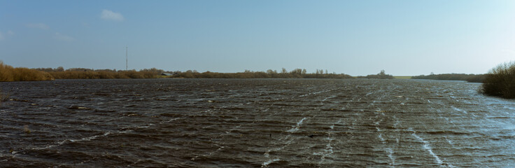 Expansive Windy Lake with Rippling Waves under Clear Blue Sky and Distant Shoreline in Tranquil Dutch Landscape