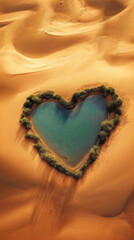 Heart shaped oasis desert landscape aerial view arid sand dunes natural wonder lush vegetation tranquil water remote contrast between dry terrain life dry travel place art rare photography wallpaper
