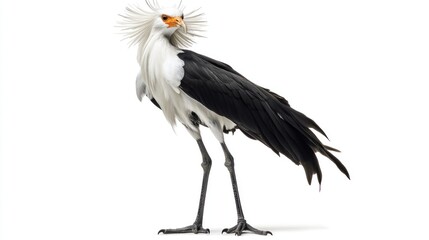 A majestic Secretary bird standing tall, showcasing its long legs and striking black and white plumage, isolated on a clean white