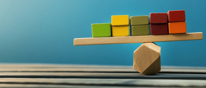 Global Trade Tariffs Impact Concept. A colorful balance with wooden blocks on a seesaw, symbolizing stability and equilibrium in a creative setting.