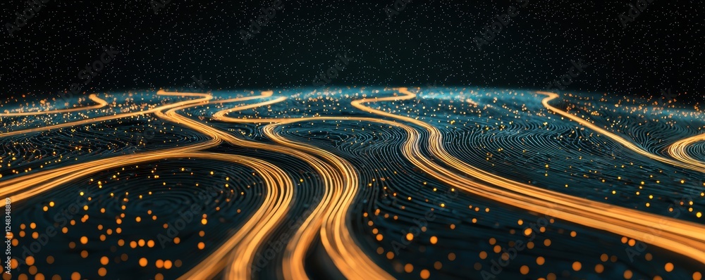 Poster A mesmerizing aerial view of winding roads illuminated by glowing lights, set against a dark background, creating a dynamic sense of movement and energy.