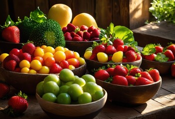 vibrant bowls fresh mixed fruits vegetables showcasing lush colors natural textures, healthy, organic, juicy, tropical, seasonal, variety, citrus, berry