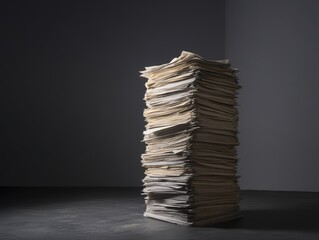 Global Trade Tariffs Impact Concept. A tall stack of disorganized papers sits on a dark surface, illuminated by soft lighting, conveying a sense of clutter and documentation.