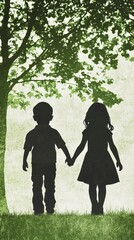 Children holding hands under a tree,  peaceful scene, background nature, possible use for child-themed prints