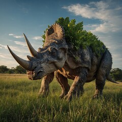Fototapeta premium Cartoon dinosaur Triceratops, on the landscape of those times Utahceratops Gettyi Large herbivore from Late Cretaceous A large, spiked dinosaur walks through a forest