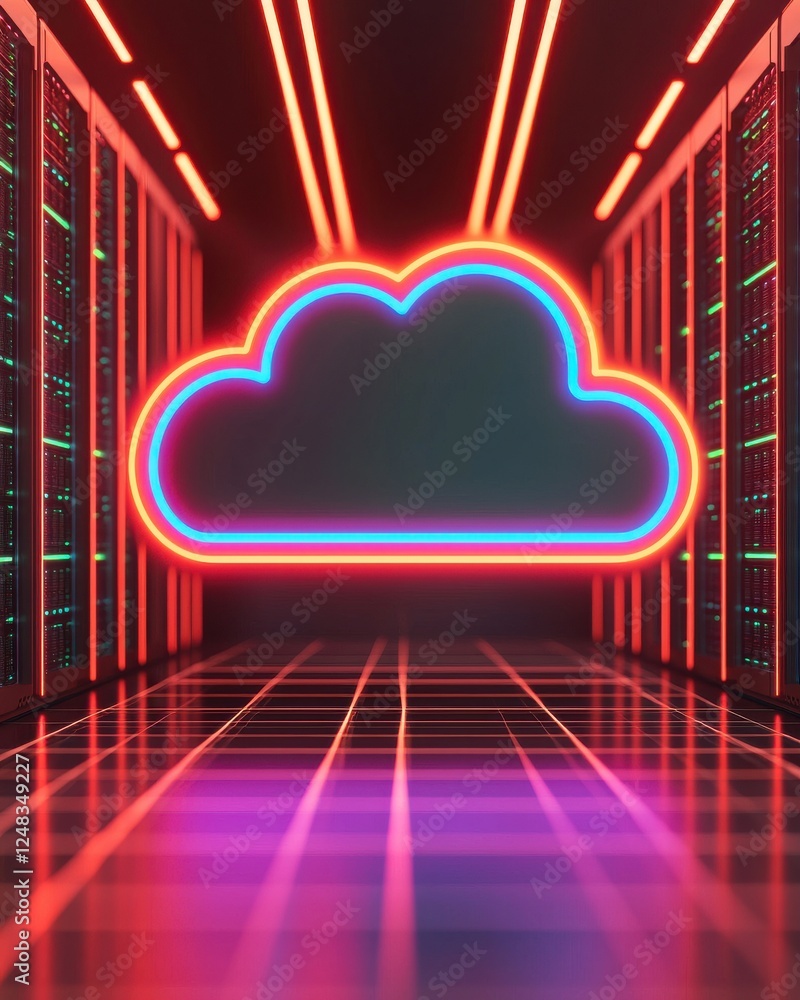 Poster a futuristic data center with neon lights and a vibrant cloud symbol, representing cloud computing t