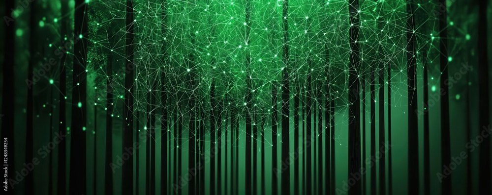 Poster A mystical green forest scene with shimmering lights, creating an enchanting and serene atmosphere.