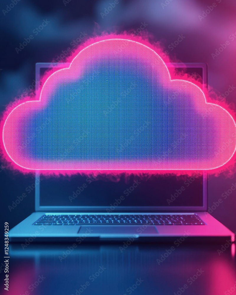 Poster a glowing, digital cloud icon appears above a laptop, symbolizing cloud computing and data storage i