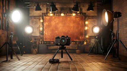 Studio Photography Setup Camera on tripod, lights, rustic backdrop. Perfect for photography blogs, tutorials, or advertising