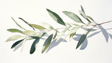 A simple yet elegant olive branch with soft green leaves, gently casting a shadow on a pure white surface, evoking a sense of calm and balance.