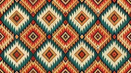 Intricate Geometric Textile Design Featuring Vivid Hues and Symmetrical Patterns in a Rich Tapestry Style