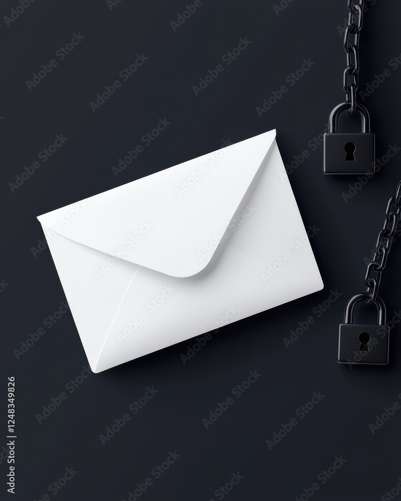 Poster a minimalist image featuring a white envelope secured with padlocks and chains on a dark background,
