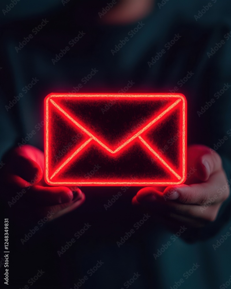 Poster a glowing red envelope is held by a person, symbolizing digital communication and messages in a mode