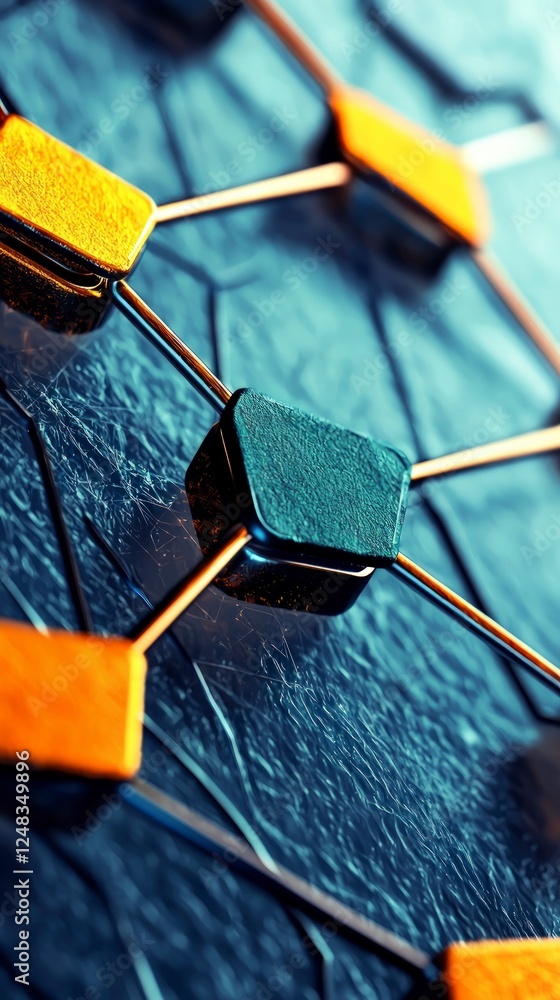 Poster abstract geometric pattern design with golden squares and dark blue cube