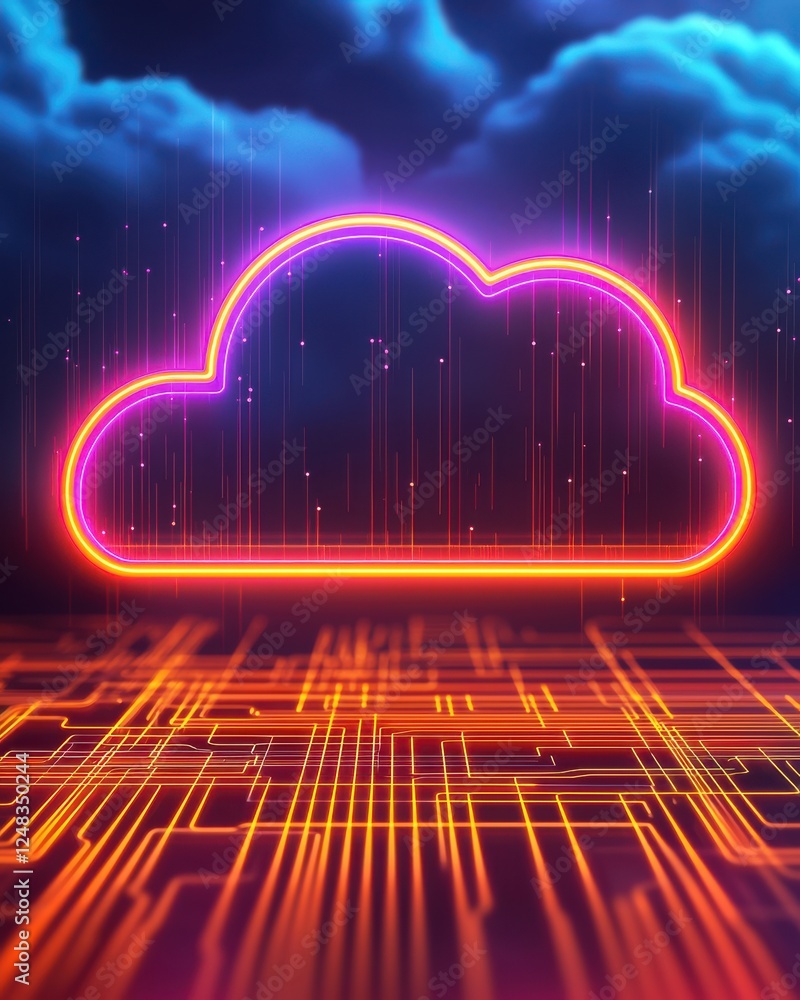 Poster a vibrant digital cloud icon, illuminated with neon colors, set against a backdrop of abstract circu