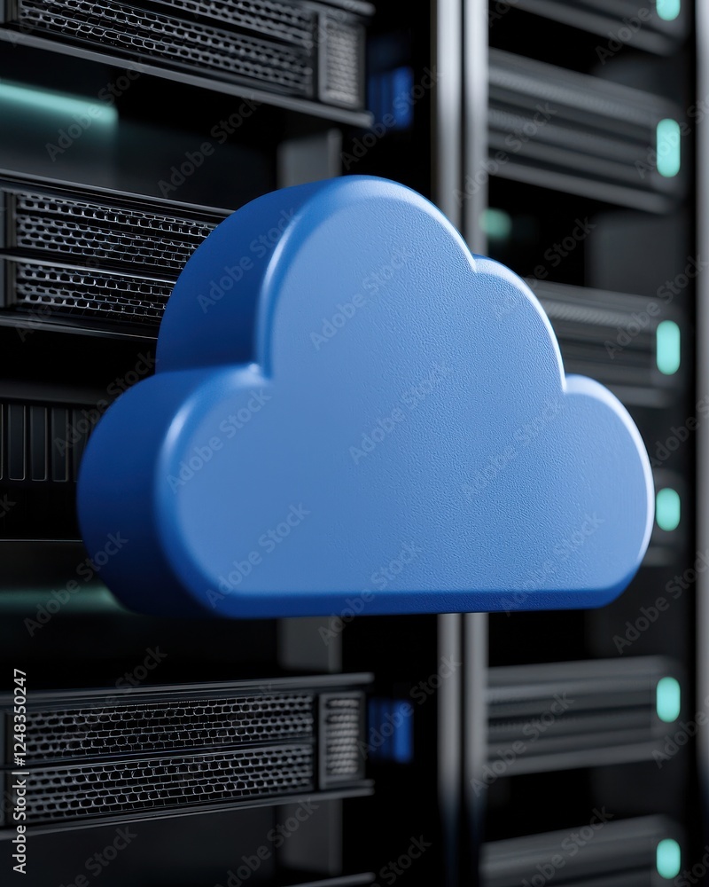 Aufkleber a blue cloud icon in front of a server rack, symbolizing cloud computing and data storage technology