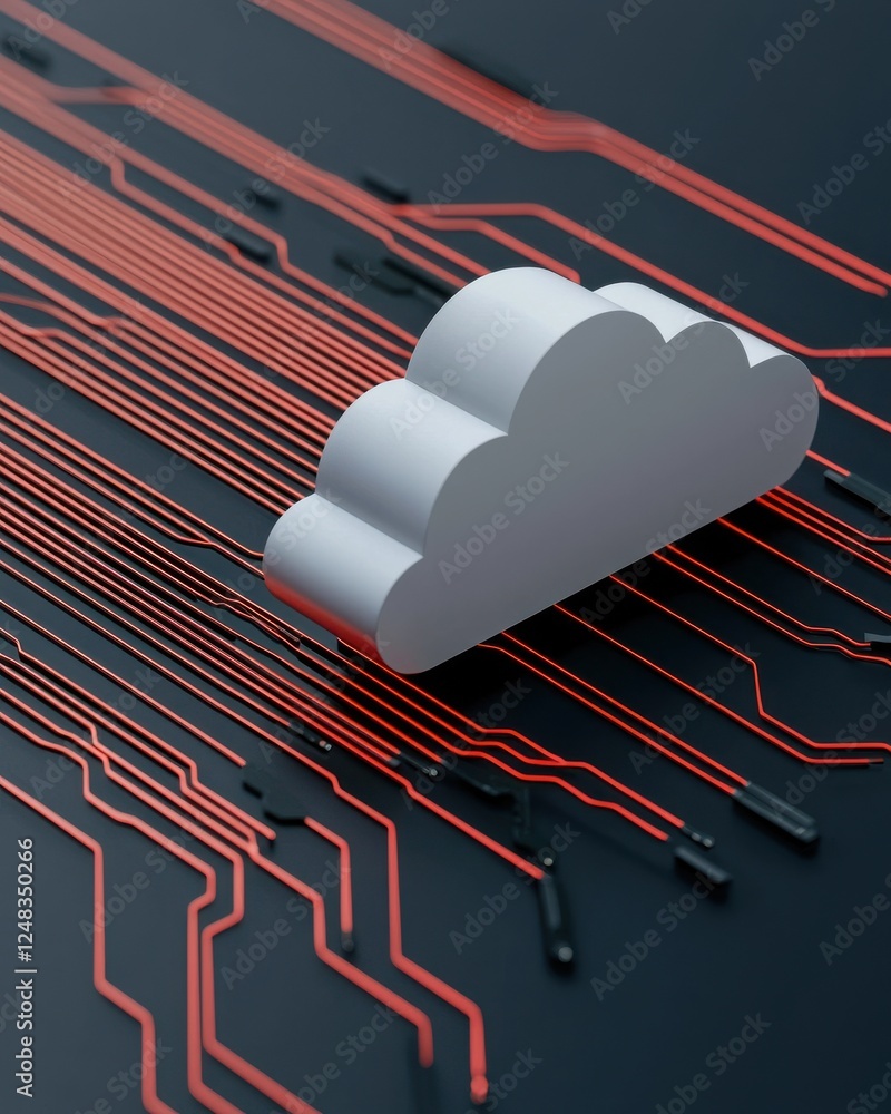 Aufkleber a white cloud icon sits atop red circuit lines, symbolizing cloud computing and digital connectivity