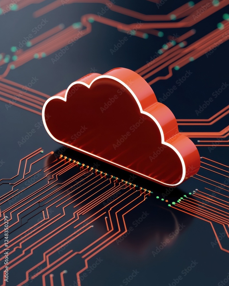 Poster a vibrant cloud symbol sits on a circuit board backdrop, representing technology, data storage, and 