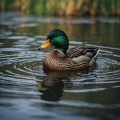 Obraz premium duck on the water mallard duck on the water, swim in the lake A drake Mallard duck swimming on pond. This duck belongs to the subfamily Anatinae of the waterfowl family Anatidae.