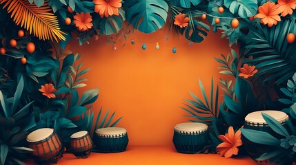 Tropical drums stage, vibrant floral backdrop, party lights, orange background; ideal for music event promotion