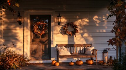A welcoming farmhouse porch decorated for Thanksgiving, complete with autumn wreaths, pumpkins, a vintage wooden bench, and soft candlelight.