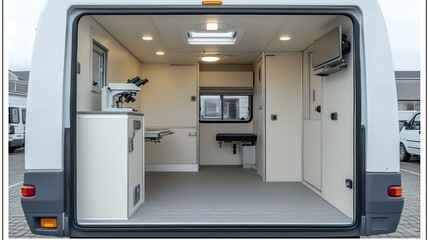 Mobile Medical Unit: Interior View of a Fully Equipped Veterinary or Medical Examination Van