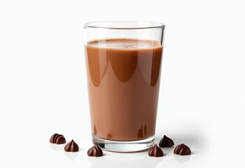 Glass of chocolate milk or cocoa drink with chocolate chips, isolated on white background