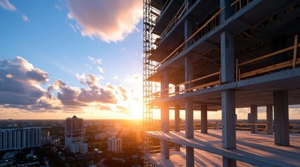 Fototapeta premium Aerial view of a city skyline with high rise buildings and residential apartment construction in progress