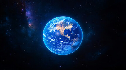 Glowing Earth from space with cosmic background.