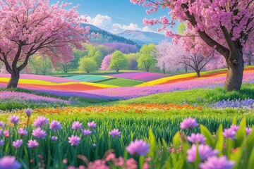Vibrant Spring Landscape with Colorful Fields, Blossoms, and Flowering Trees in a Peaceful Nature Scene