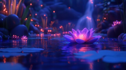 Serene Water Lily Blooming in Magical Nightlake with Soft Glow